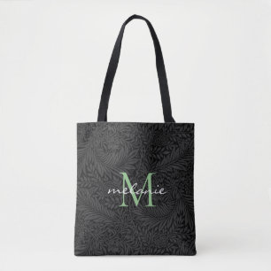Elegant Black Floral Green Script Monogram Draagtas