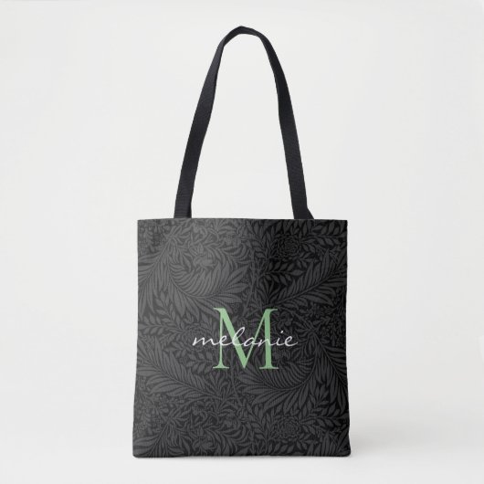 Elegant Black Floral Green Script Monogram Draagtas (Voorkant)