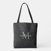 Elegant Black Floral Green Script Monogram Draagtas (Achterkant)