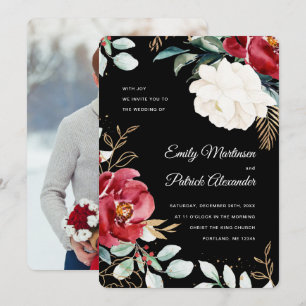 Elegant Black Floral kerstfoto bruiloft Kaart