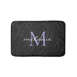 Elegant Black Floral Lavender Script Monogram Badmat