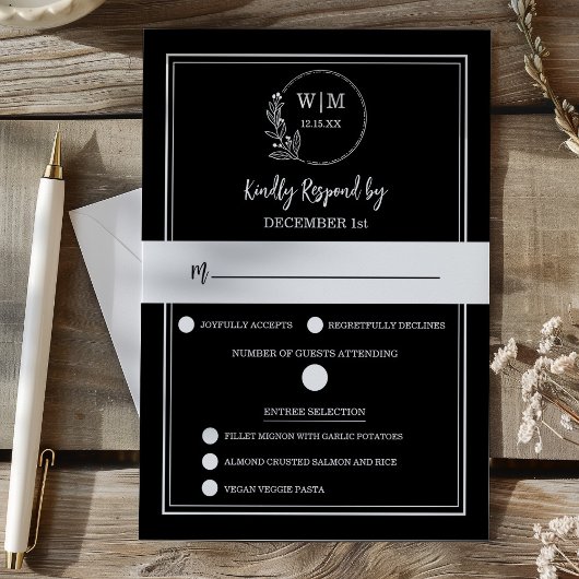 Elegant Black Floral Monogram Response Card RSVP Kaartje