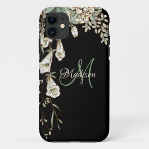 Elegant Black Floral Name Initiaal Personalized iPhone 11 Hoesje