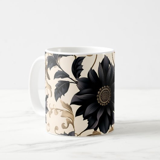 Elegant Black Floral Pattern Koffiemok (Voorkant links)