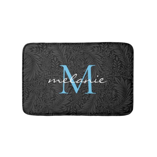 Elegant Black Floral Sky Blue Script Monogram Badmat (Voorkant)