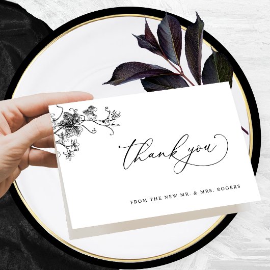 Elegant Black Floral Wedding Dank je gevouwen Kaar Bedankkaart