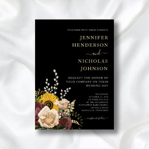 Elegant Black Floral Wedding Gold Folie Uitnodiging