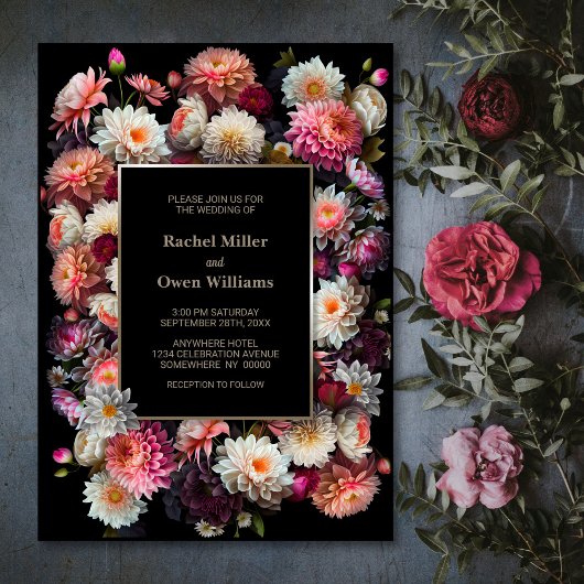 Elegant Black Floral Wedding Kaart