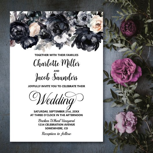 Elegant Black Floral Wedding Kaart
