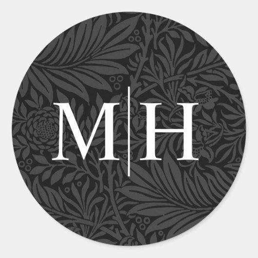 Elegant Black Floral White Monogram Weddenschap Ronde Sticker (Voorkant)