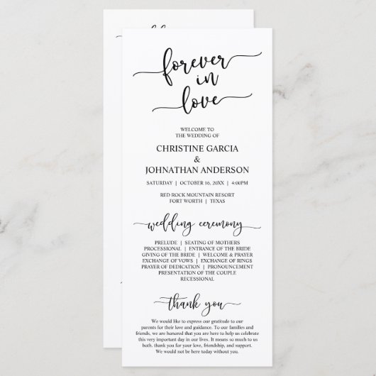 Elegant Black, Forever in Love, Wedding Ceremony Programma (Voorkant / Achterkant)