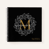 Elegant Black Girly Floral Gold Monogram Naam Notitieboek (Voorkant)