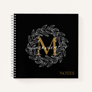 Elegant Black Girly Floral Gold Monogram Naam Notitieboek