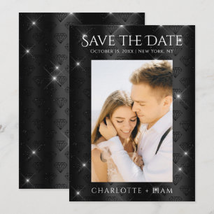 Elegant Black Glitter Diamond Photo Save Date Save The Date