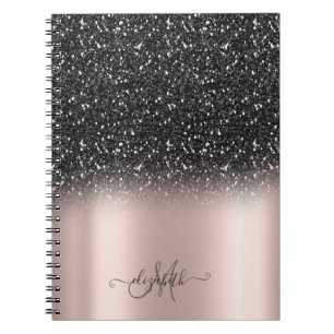 Elegant Black Glitter Ombre Monogram Roos Gold Notitieboek