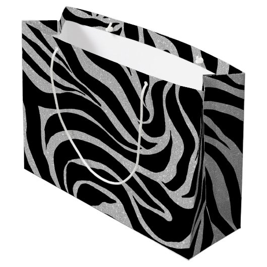 Elegant Black Glitter Silver Zebra Animal Print Groot Cadeauzakje (Achterkant Gekanteld)