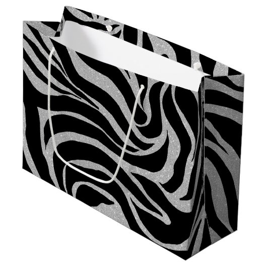 Elegant Black Glitter Silver Zebra Animal Print Groot Cadeauzakje (Voorkant Gekanteld)