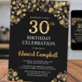 Elégant Black & Gold 30th Birthday Invitation