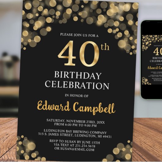 Elégant Black & Gold 40th Birthday Invitation