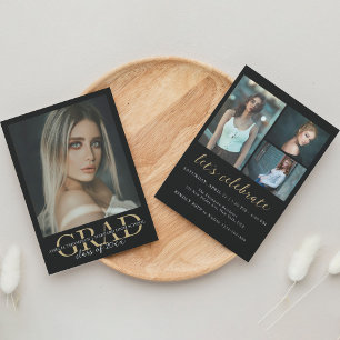 Elegant Black Gold 4 Photo Graduparty Kaart