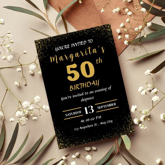 Elégant Black & Gold 50th Birthday Invitation