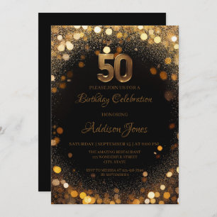 Elégant Black & Gold 50th Birthday Invitation