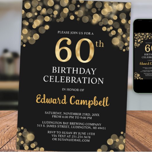 Elégant Black & Gold 60th Birthday Invitation