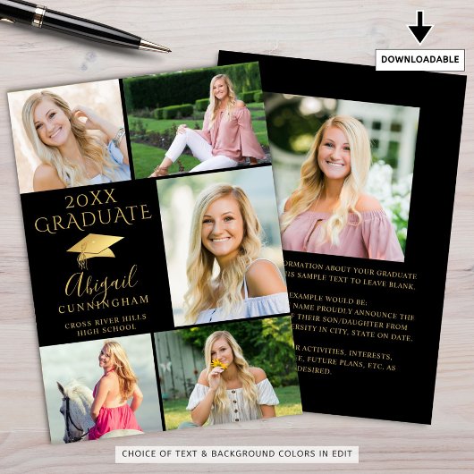 Elegant Black Gold 6 Photo Collage Afstuderen Aankondiging