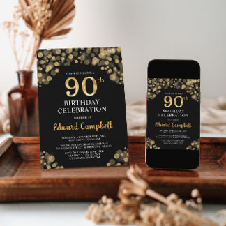 Elégant Black & Gold 90th Birthday Invitation