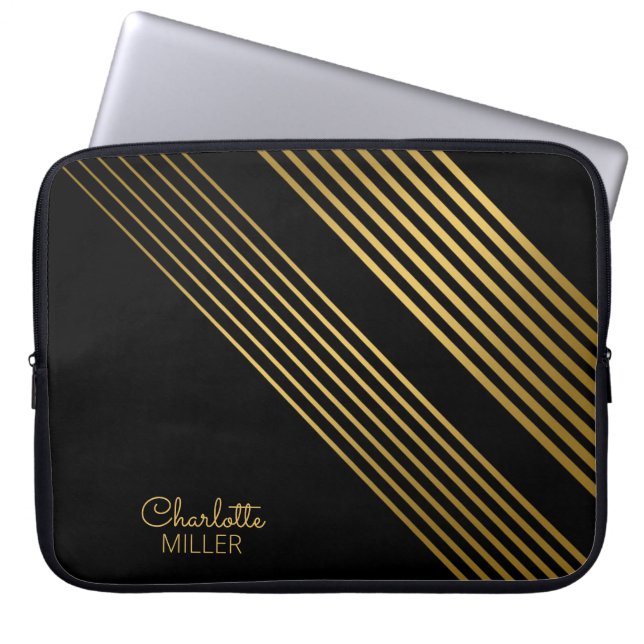 Elegant Black-Gold Abstracte lijnen en aangepaste  Laptop Sleeve (Voorkant)