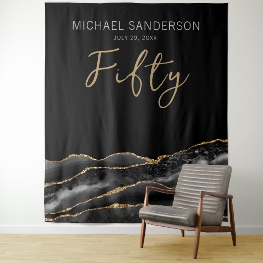 Elegant Black Gold Agate 50th Birthday Backdrop Wandkleed (In situ)