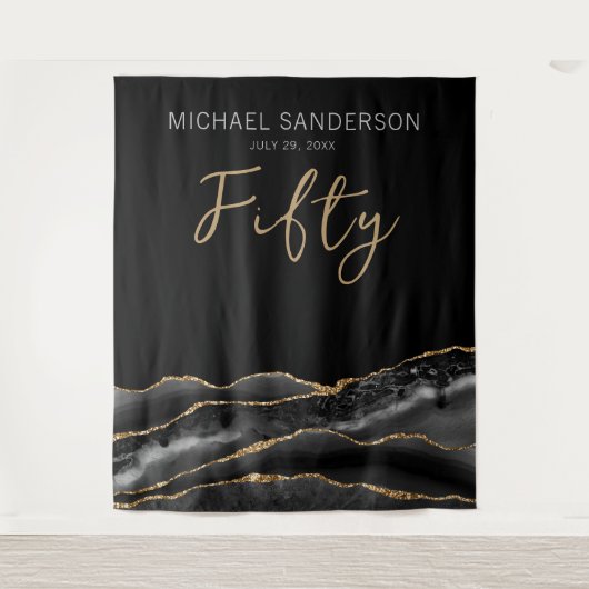 Elegant Black Gold Agate 50th Birthday Backdrop Wandkleed (Voorkant)