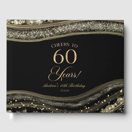 Elegant Black Gold Agate 60th Birthday Party Gastenboek (Voorkant)