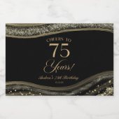 Elegant Black Gold Agate 75th Birthday Party Sparkling Wijnetiket (Enkel label)