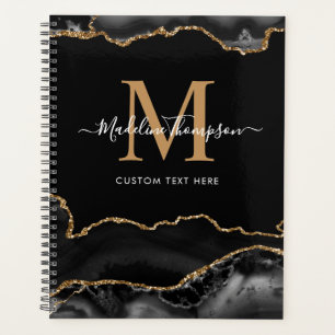 Élégant Black Gold Agate Géode Script Monogramme