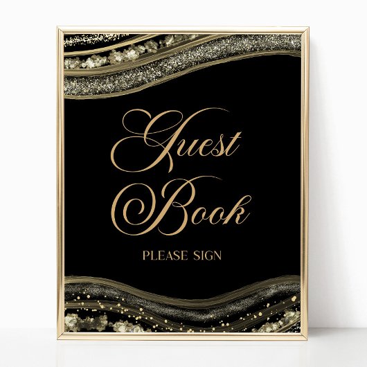 Elegant Black Gold Agate Guest Book Sign Poster