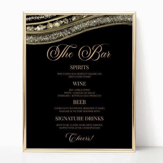 Elegant Black Gold Agate Party Bar Menu Sign Poster