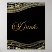 Elegant Black Gold Agate Party Drinks Sign Poster (Voorkant)