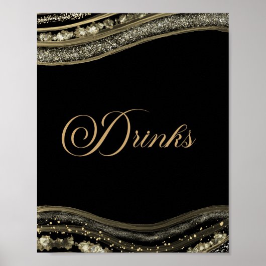 Elegant Black Gold Agate Party Drinks Sign Poster (Voorkant)