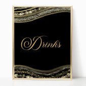 Elegant Black Gold Agate Party Drinks Sign Poster
