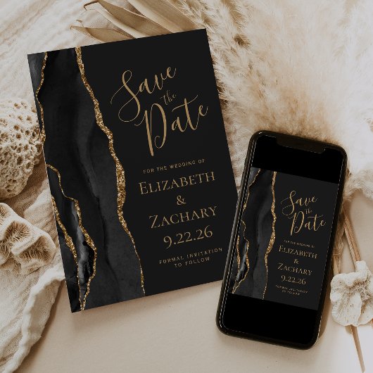 Elegant Black Gold Agate Save the Date Kaart