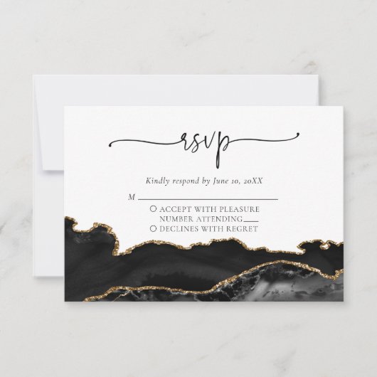 Elégant Black Gold Agate Wedding Carte RSVP (Devant)