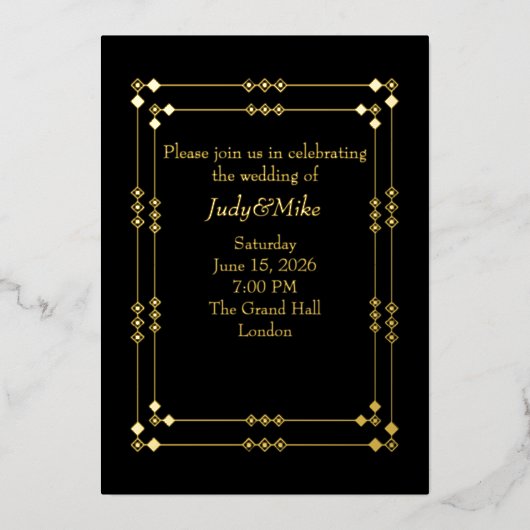 Elegant Black & Gold Art Deco Foil Invitation (Recto)