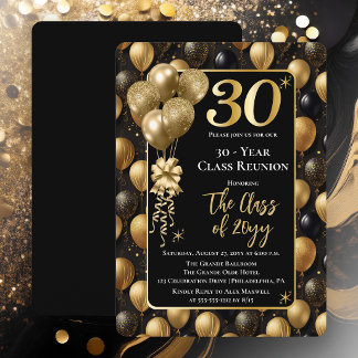 Elegant Black Gold Balloons 30 Year Class Reunion Kaart