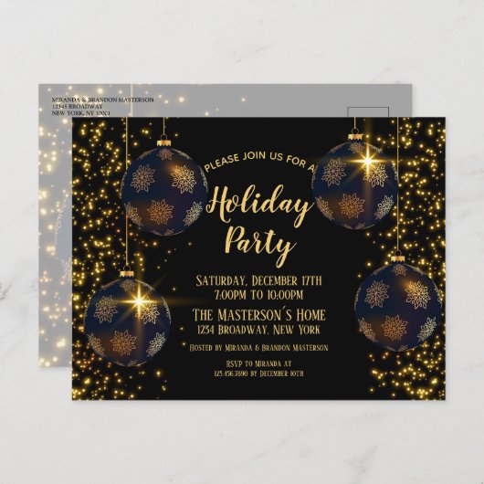 Élégant Black Gold Baubles Noël Invitation (Devant / Derrière)