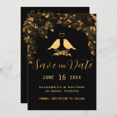 Elegant Black & Gold Birds Floral Pattern Save The Date (Voorkant / Achterkant)
