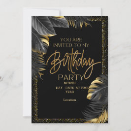 Elegant Black & Gold Birthday Uitnodiging