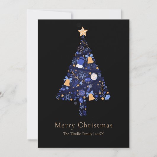Elegant Black Gold Blue Script Christmas Tree Feestdagenkaart (Voorkant)