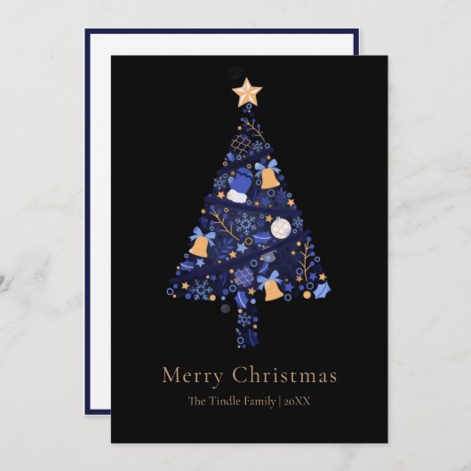 Elegant Black Gold Blue Script Christmas Tree Feestdagenkaart (Voorkant / Achterkant)