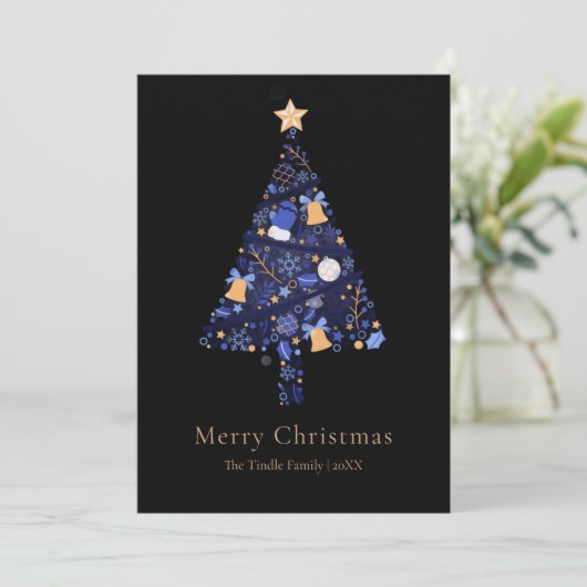 Elegant Black Gold Blue Script Christmas Tree Feestdagenkaart (Staand voorkant)